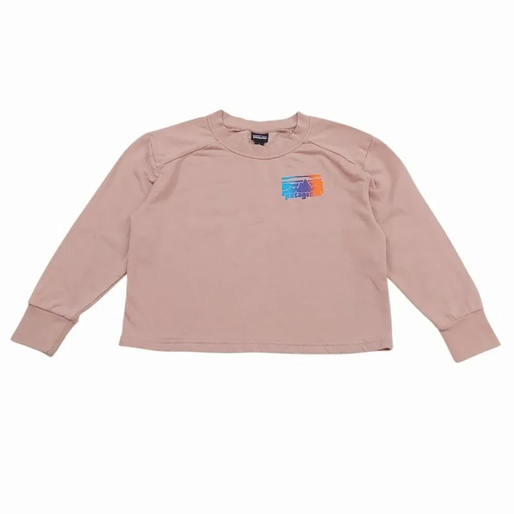 Patagonia Girls Small 6-7 Pink Graphic Crew Sweatshirt Organic Cotton Outdoor